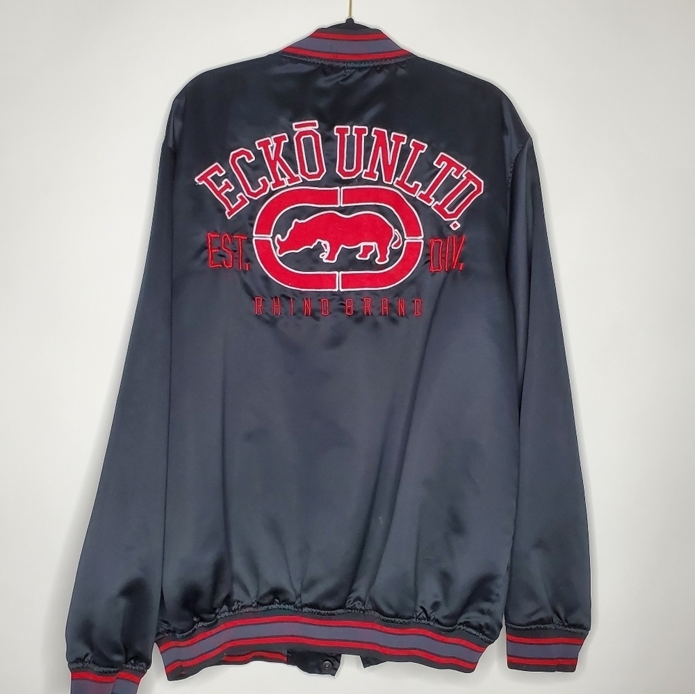 Ecko Unlimited Bomber Jacket 2XL Logo Rhino Spell Out Snap Front Y2K Satiny Rare